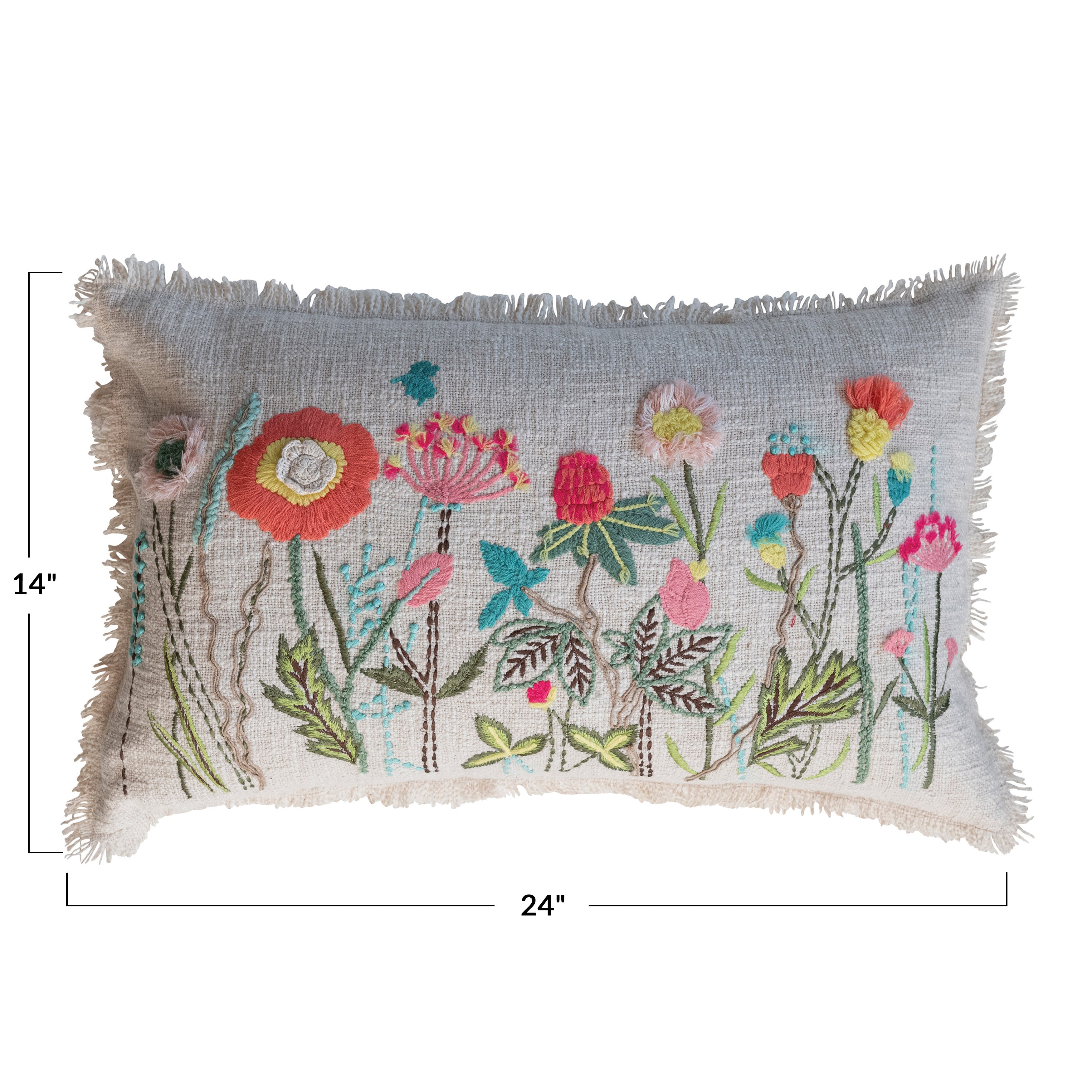 Multicolor Cotton Slub Lumbar Pillow with Fringe & Floral Design